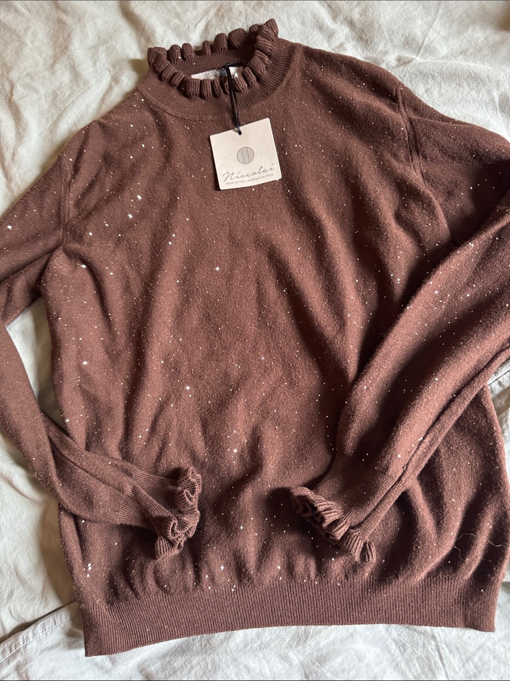 Italy sparkled brown ruffles sweater S , M NWT